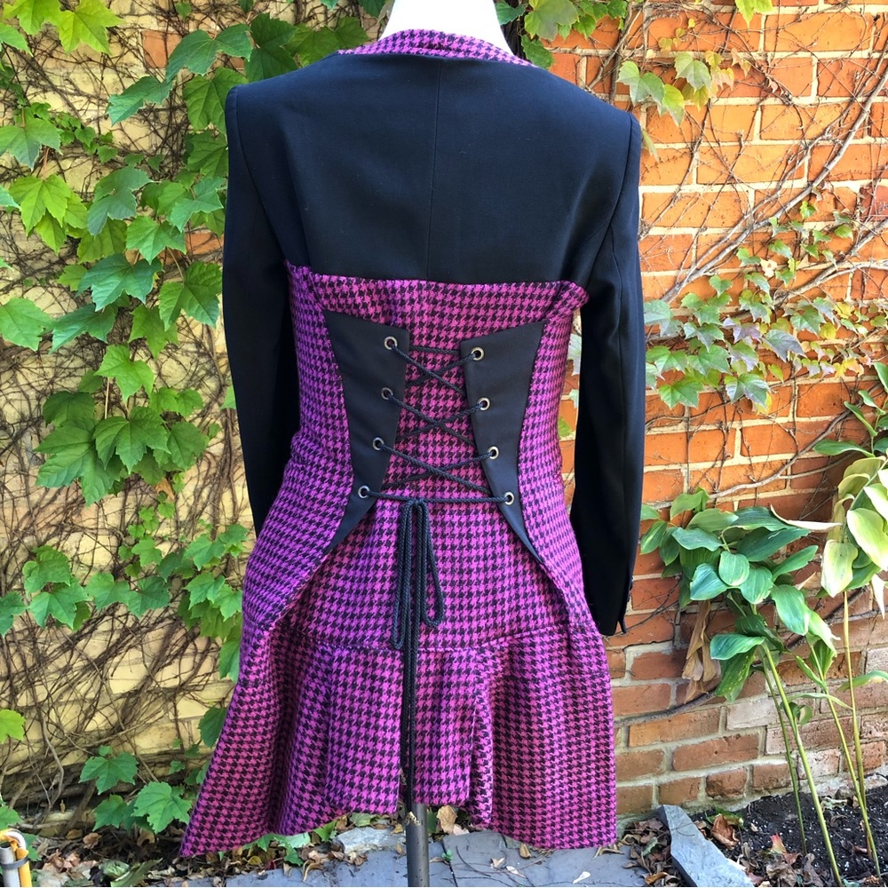 Lace Up Pink Black Houndstooth Wool Jacket Upcycled Retro 80’s 90’s Embody Coat